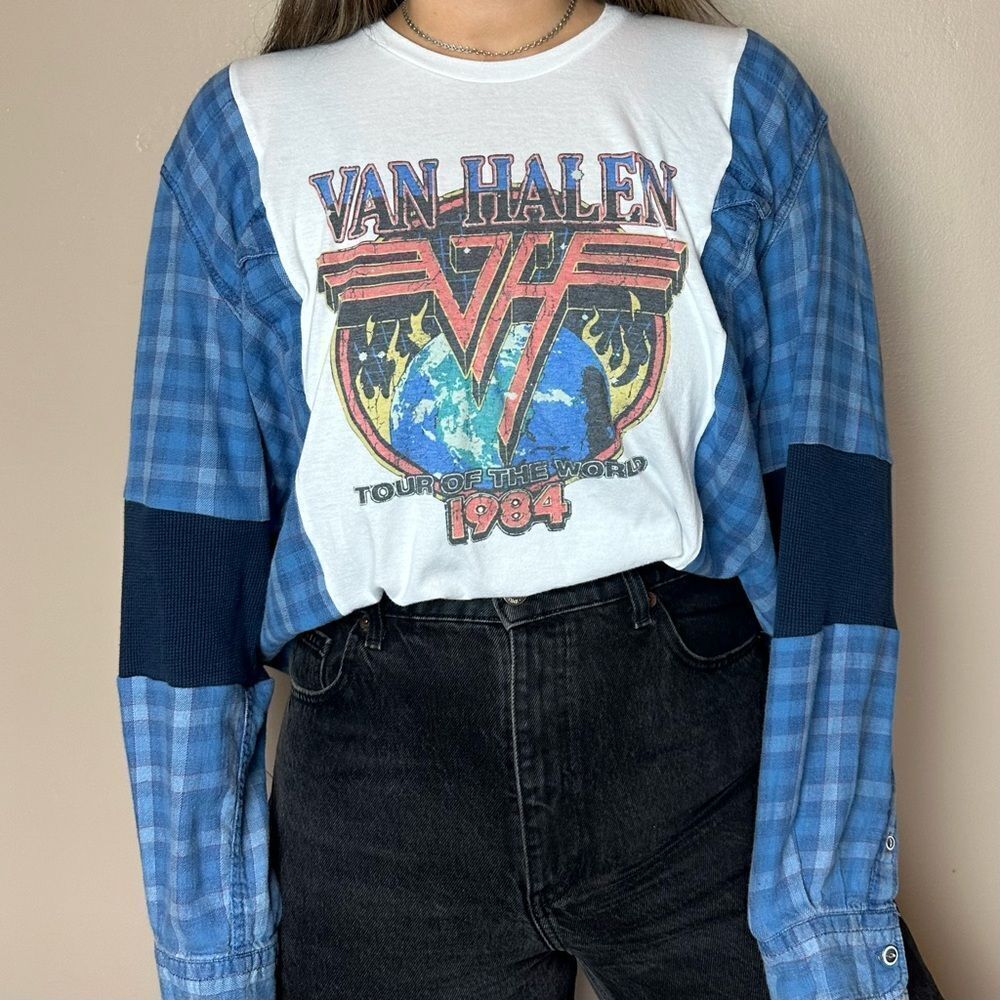 Reworked Upcycled Relaxed Van Halen Tour Band Long Sleeve Flannel Shirt Top